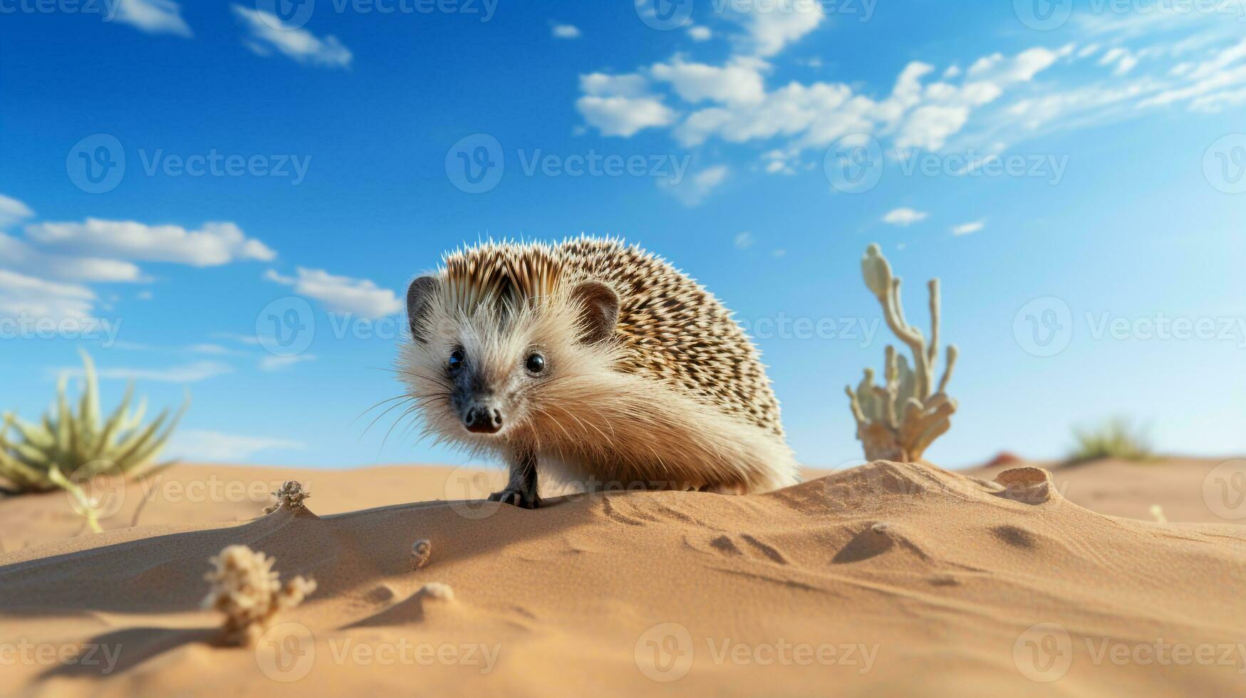 foto do uma deserto ouriço dentro uma deserto com azul céu. generativo ai