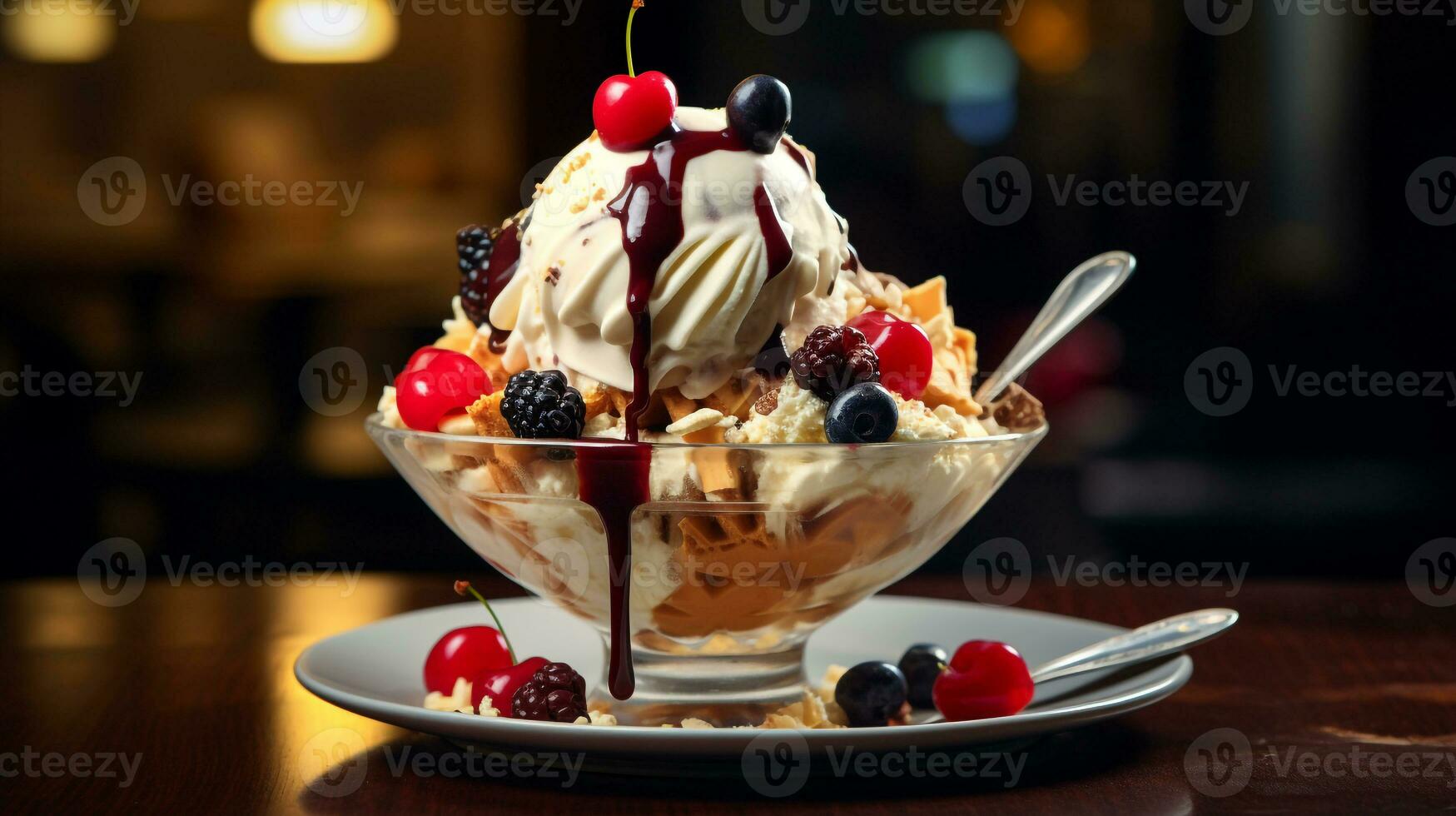 foto do gelo creme sundae Como uma prato dentro uma sofisticado restaurante. generativo ai