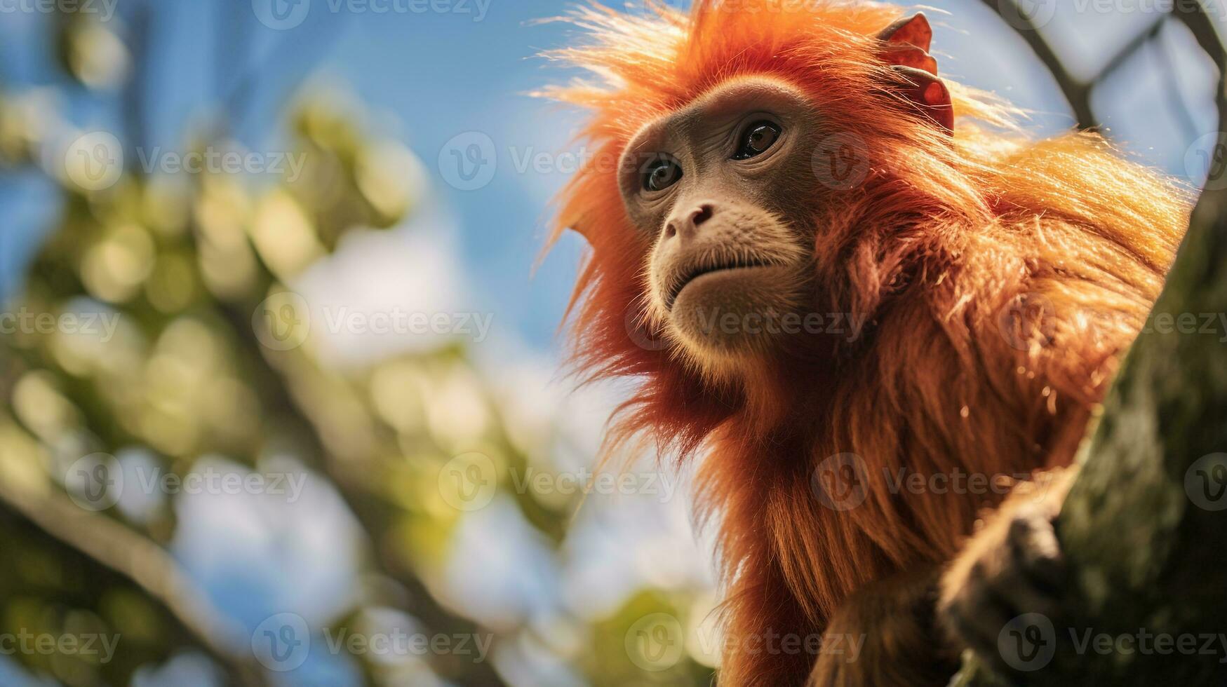 foto do uakari macaco dentro ther floresta com azul céu. generativo ai