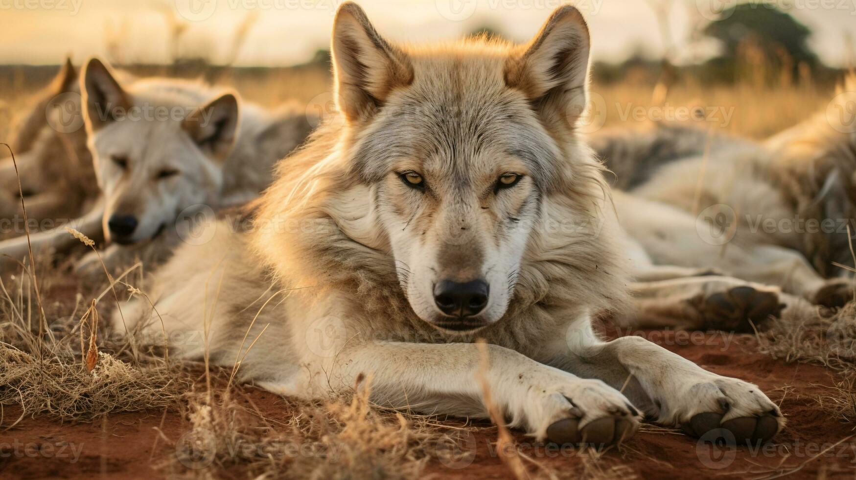 foto do uma rebanho do Lobo em repouso dentro a aberto área em a savana. generativo ai