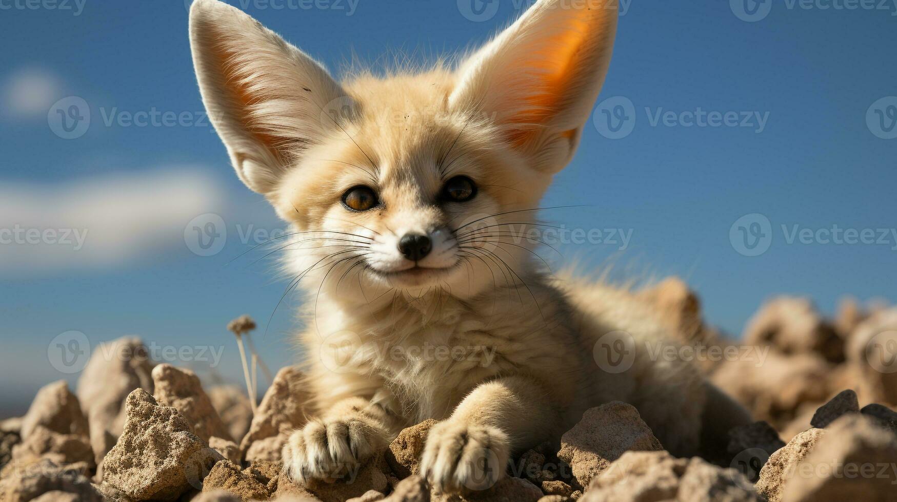 fechar-se foto do uma fennec Raposa olhando qualquer direção dentro a deserto. generativo ai