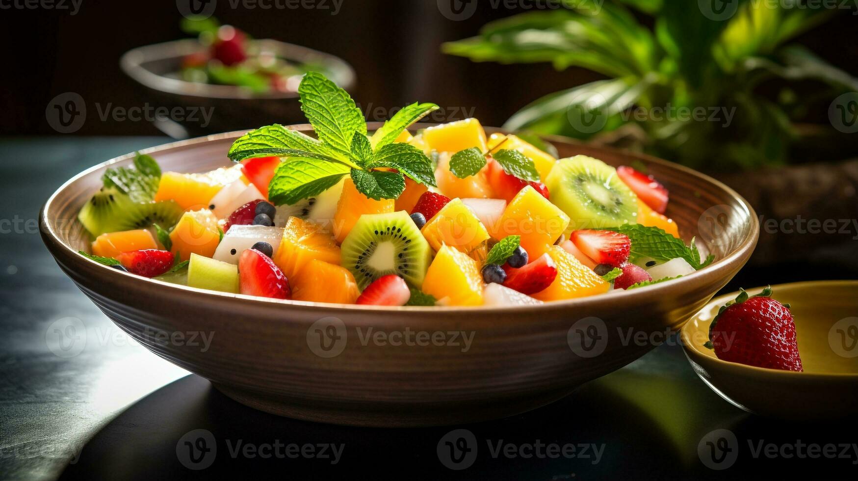 foto do tropical fruta salada com hortelã-limão vestir Como uma prato dentro uma sofisticado restaurante. generativo ai