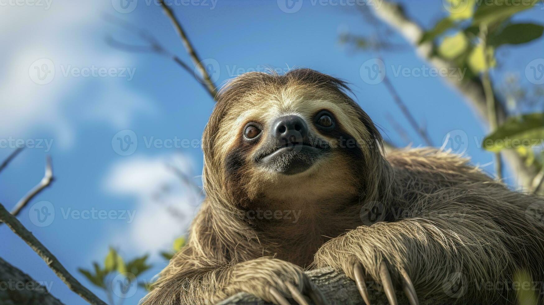 foto do bicho-preguiça dentro ther floresta com azul céu. generativo ai