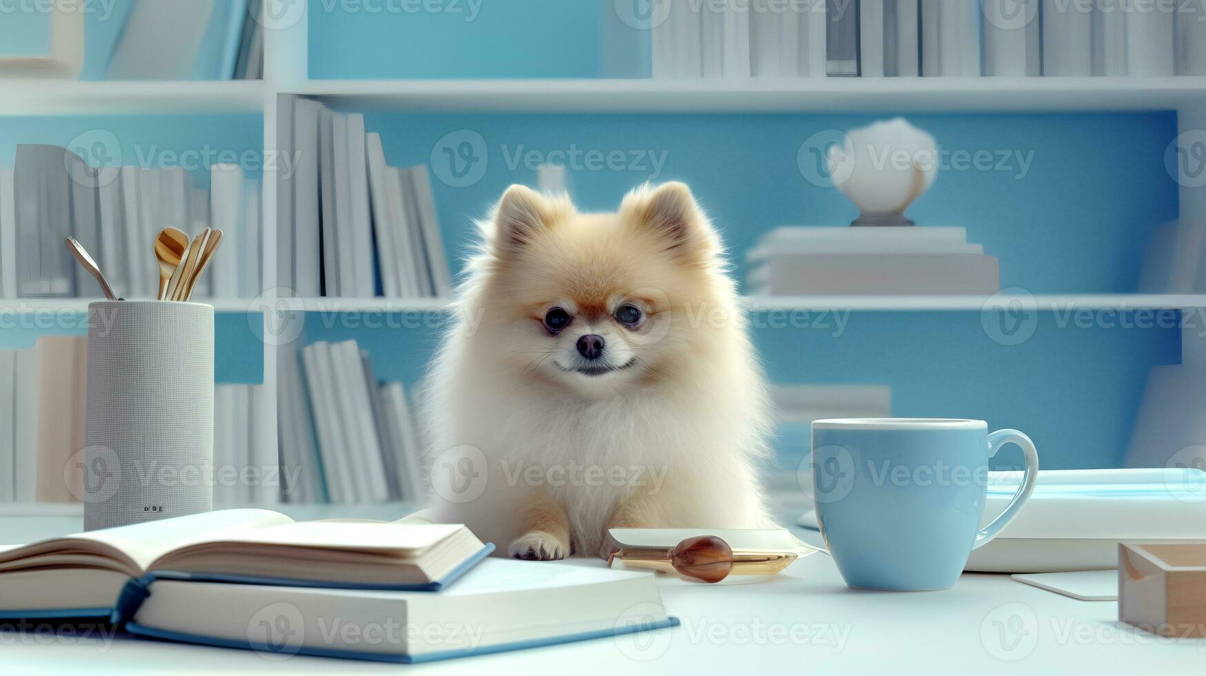 uma pomerânia cachorro dentro uma suéter senta estudando acompanhado de uma copo e pilhas do livros. generativo ai foto