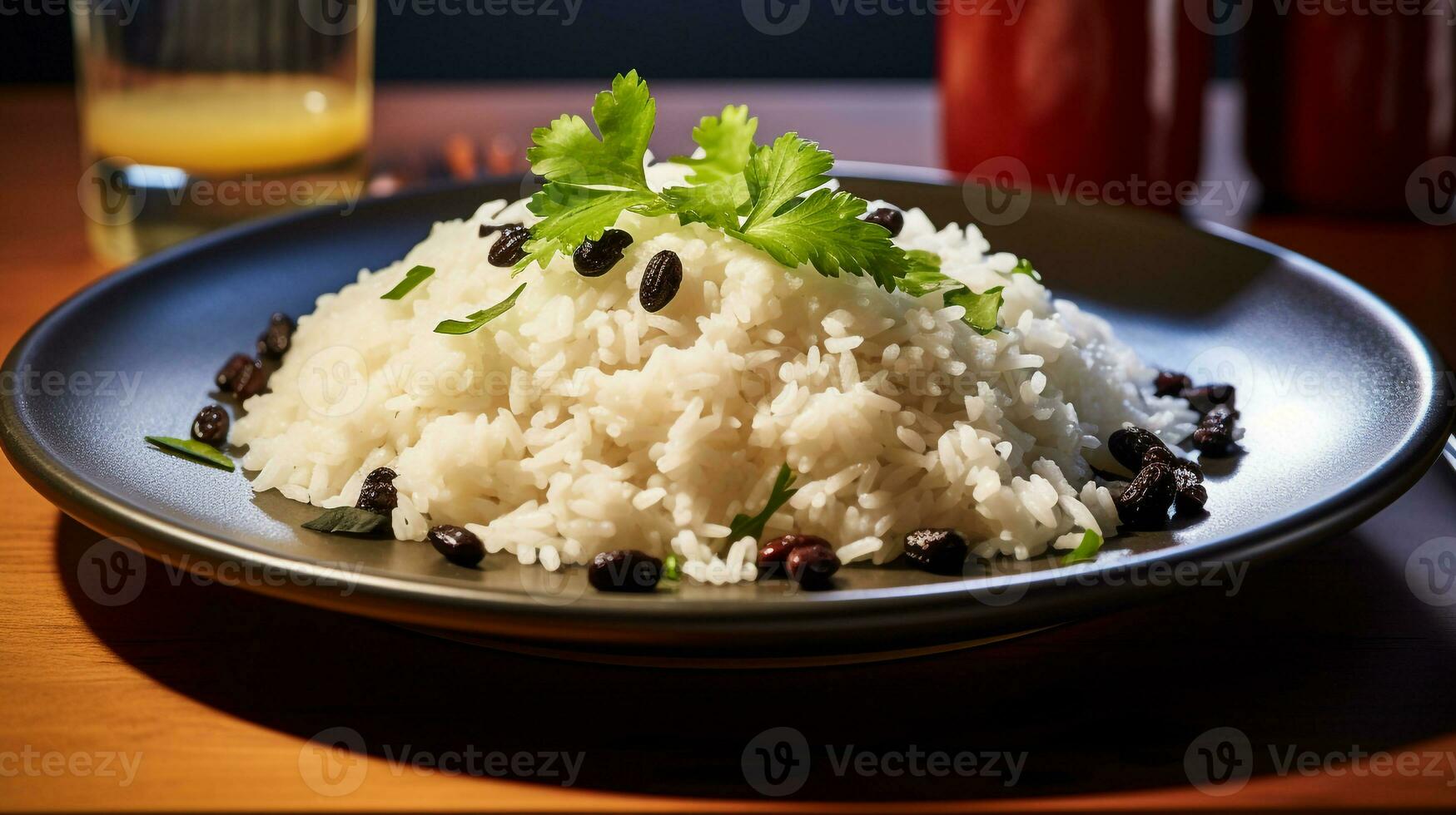 foto do coco arroz e Preto feijões Como uma prato dentro uma sofisticado restaurante. generativo ai