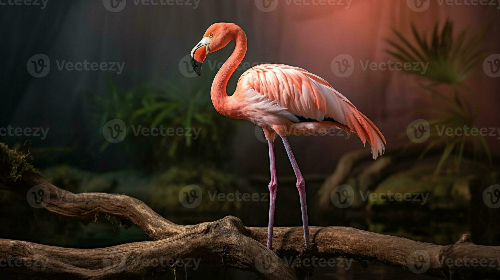 foto do uma flamingo em pé em uma caído árvore ramo às manhã. generativo ai