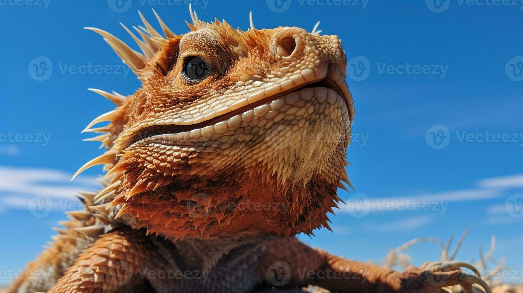 foto do uma barbudo Dragão debaixo azul céu. generativo ai