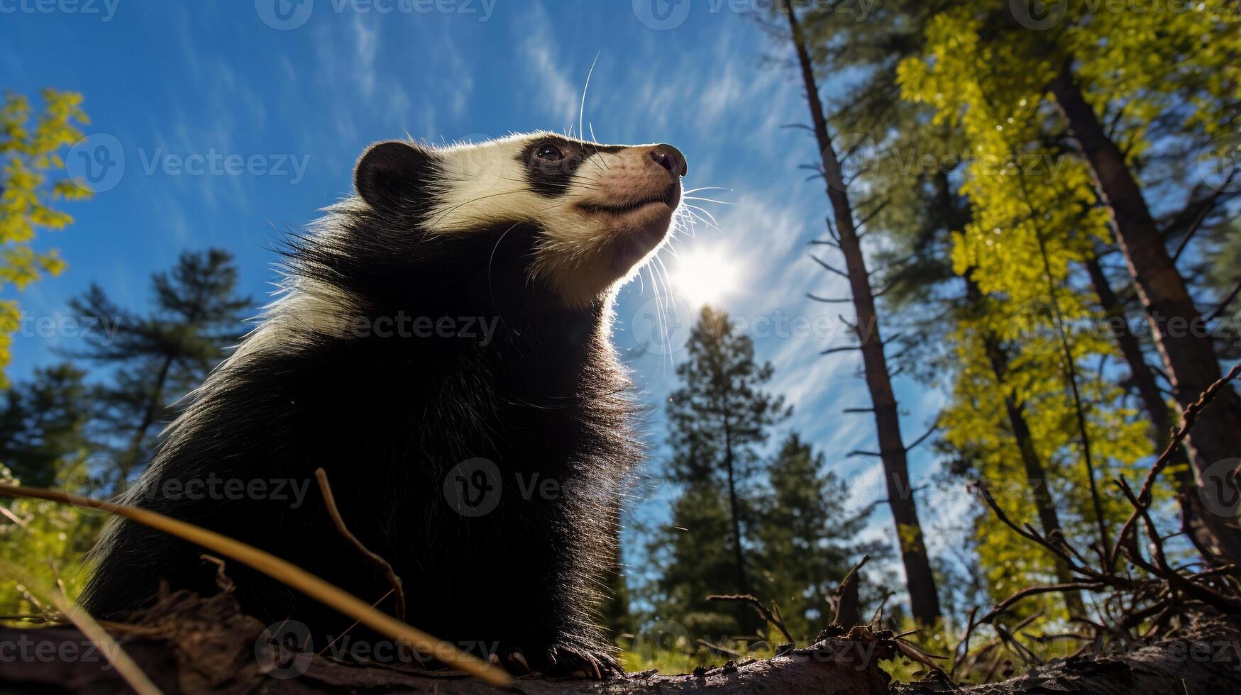 foto do Skunk dentro ther floresta com azul céu. generativo ai