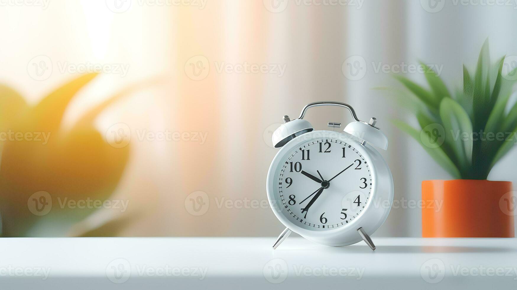 foto do minimalis alarme relógio em branco mesa isolado em embaçado fundo. generativo ai