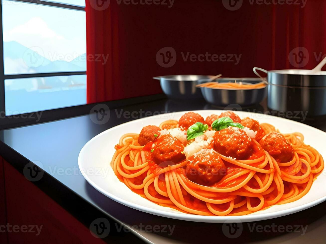 espaguete com almôndegas e tomate molho dentro prato em de madeira mesa. ai generativo foto