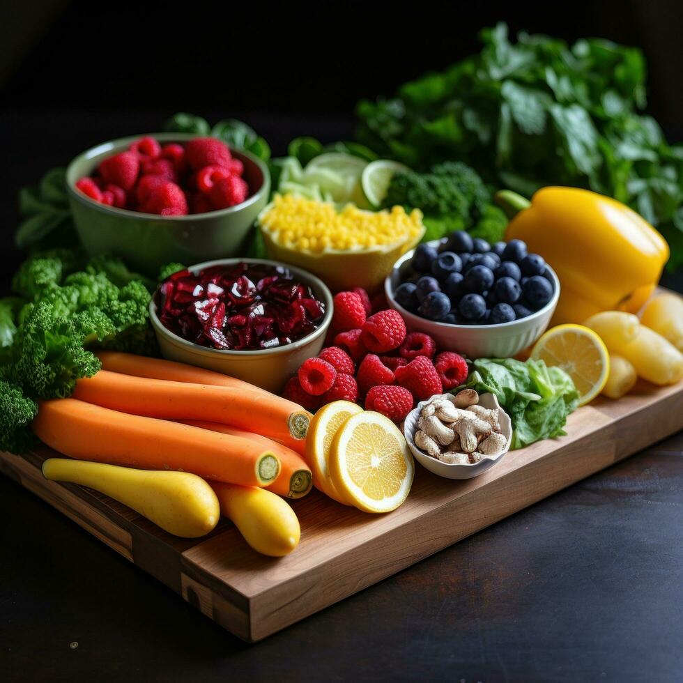 fresco frutas e legumes em uma corte borda foto