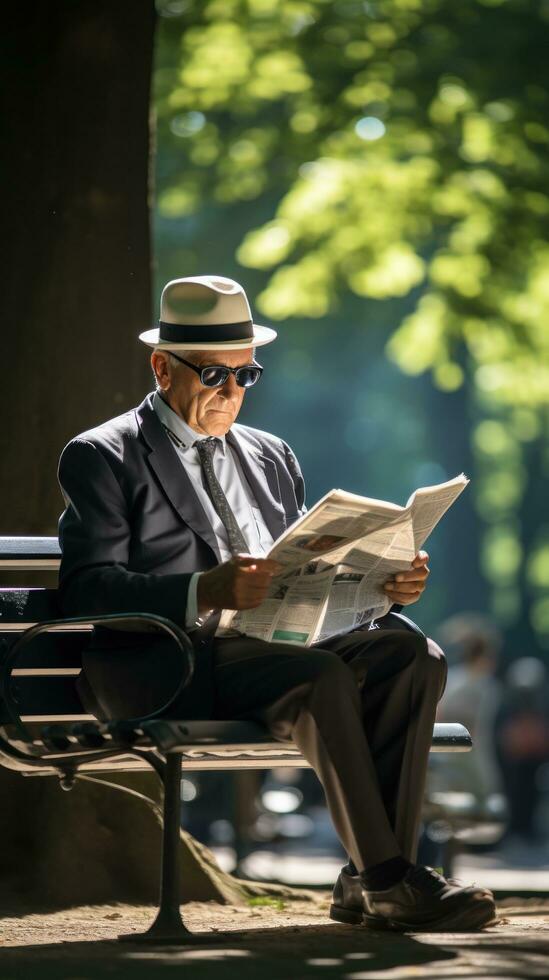 homem lendo jornal em uma parque Banco foto