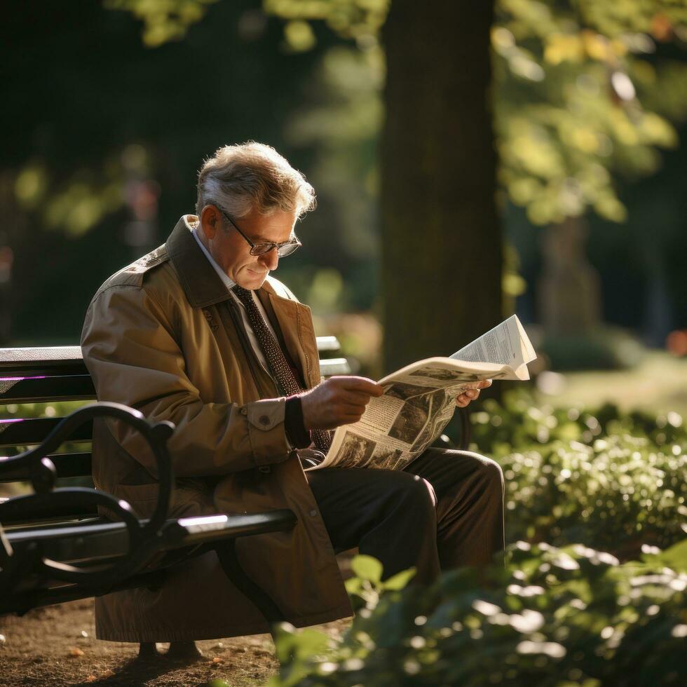 homem lendo jornal em uma parque Banco foto