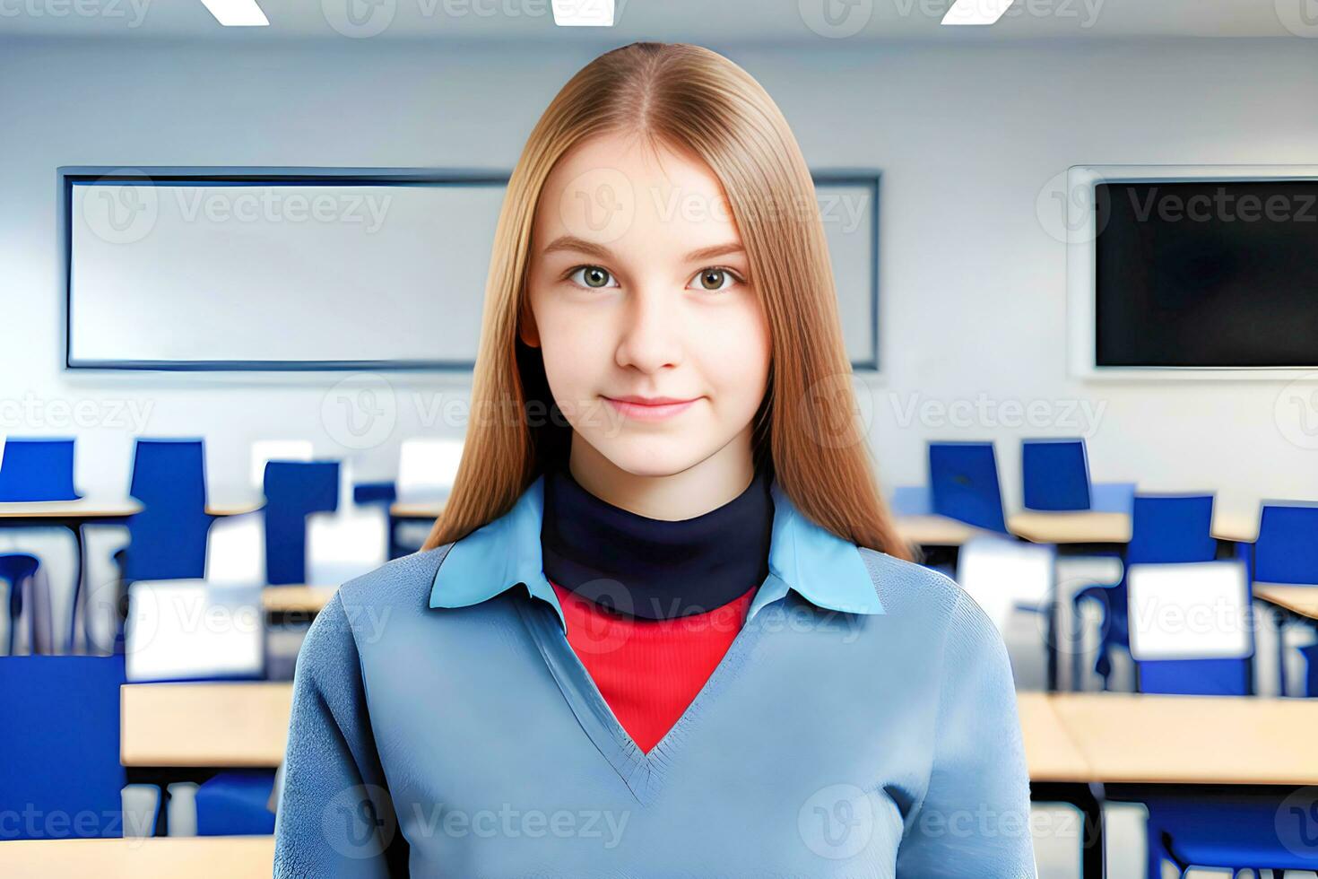 retrato do uma sorridente fêmea aluna dentro uma sala de aula. ai generativo foto