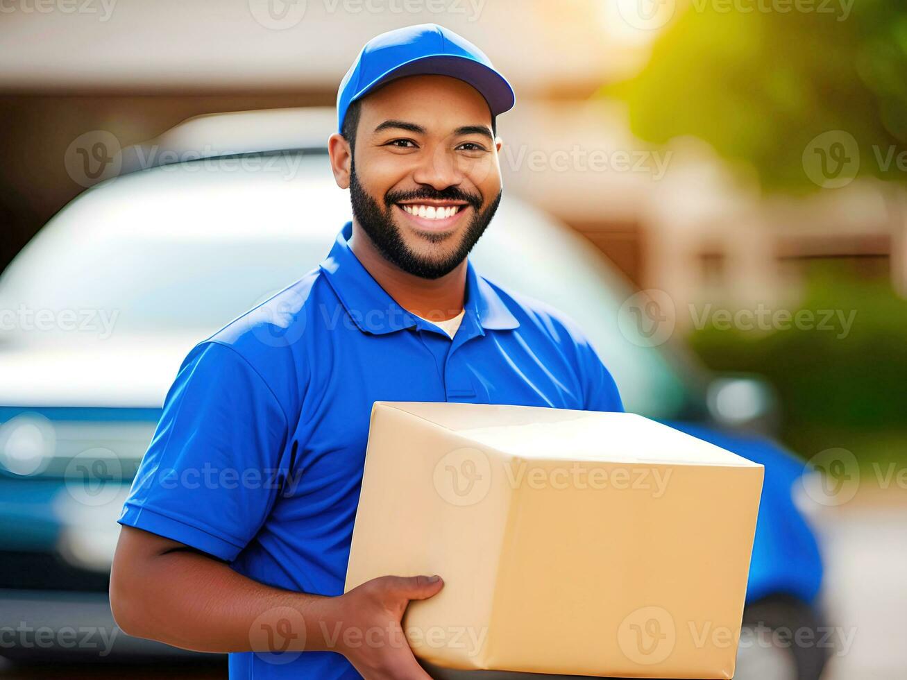 sorridente Entrega homem com parcela caixa. ai generativo foto