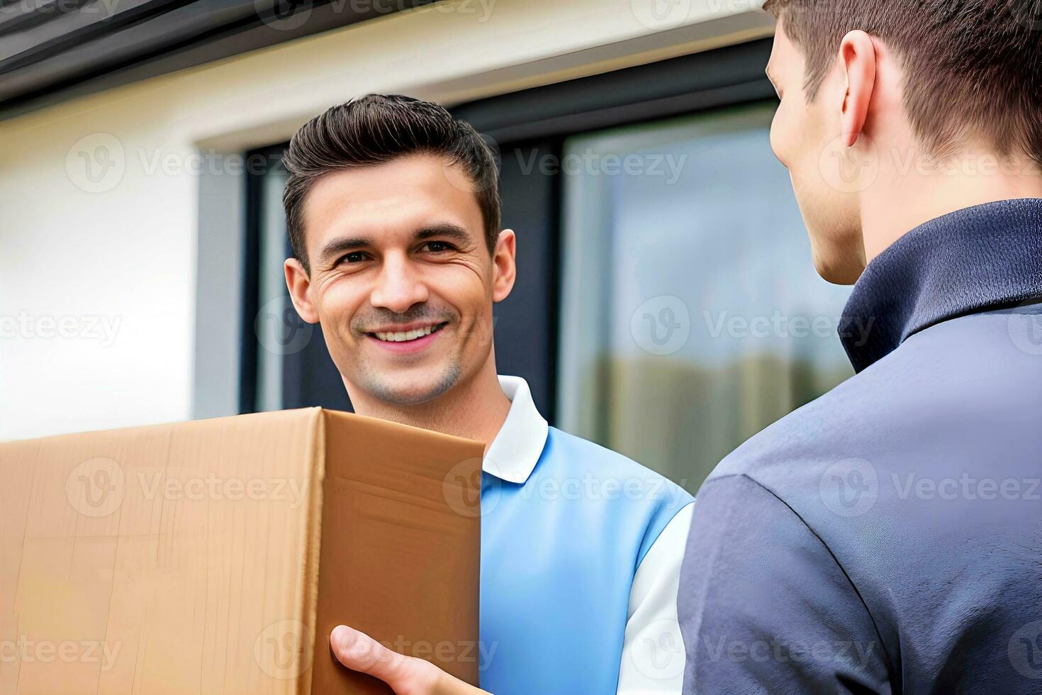 Entrega homem entregando parcela caixa para destinatário - correio serviço. ai generativo foto