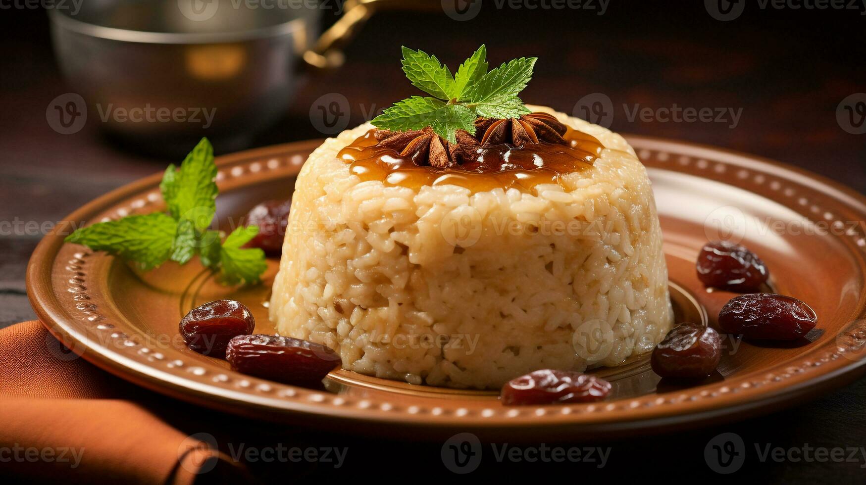 foto do arroz e encontro pudim - rosa bel tamr Como uma prato dentro uma sofisticado restaurante. generativo ai