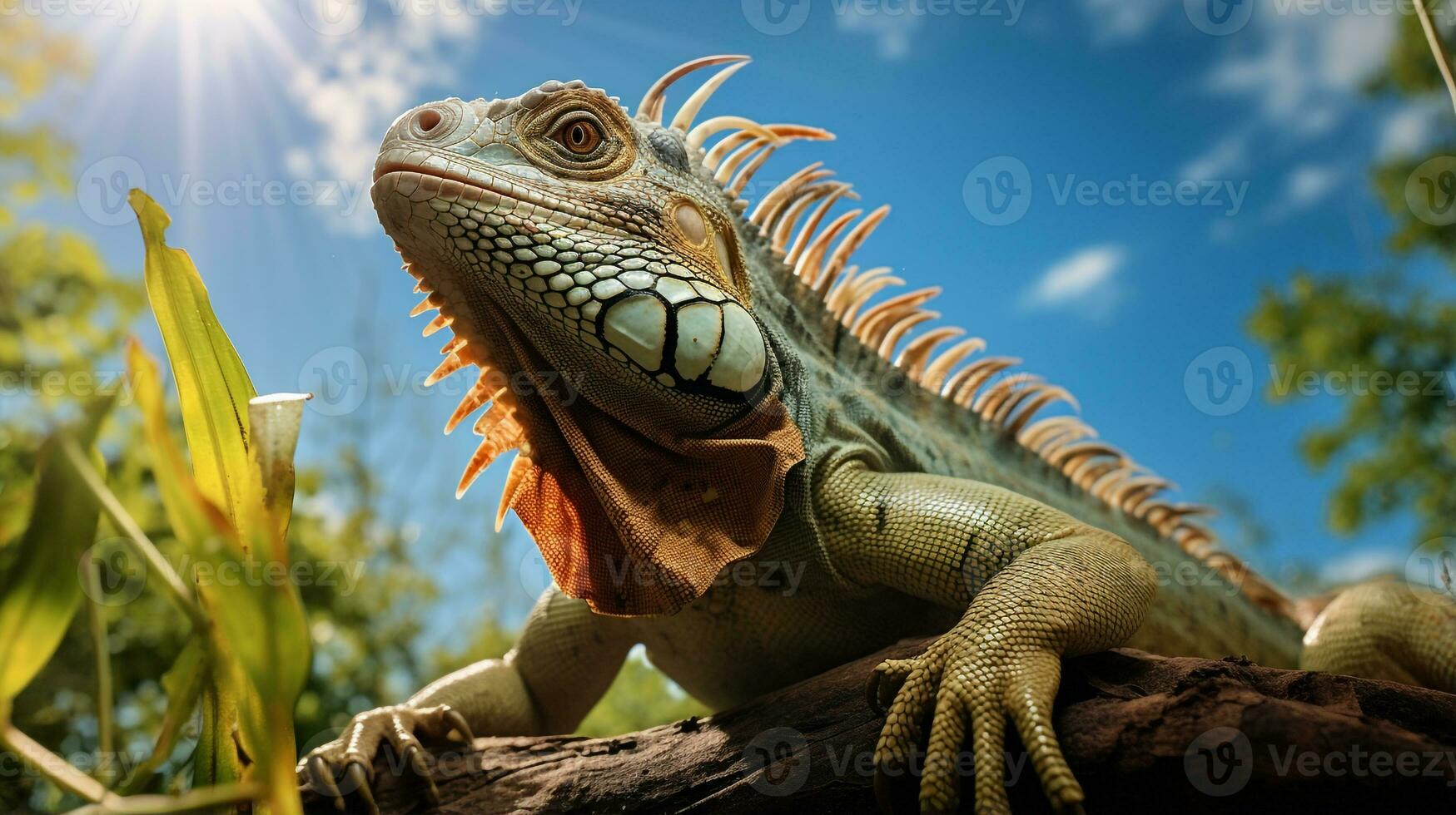 foto do iguana dentro ther floresta com azul céu. generativo ai