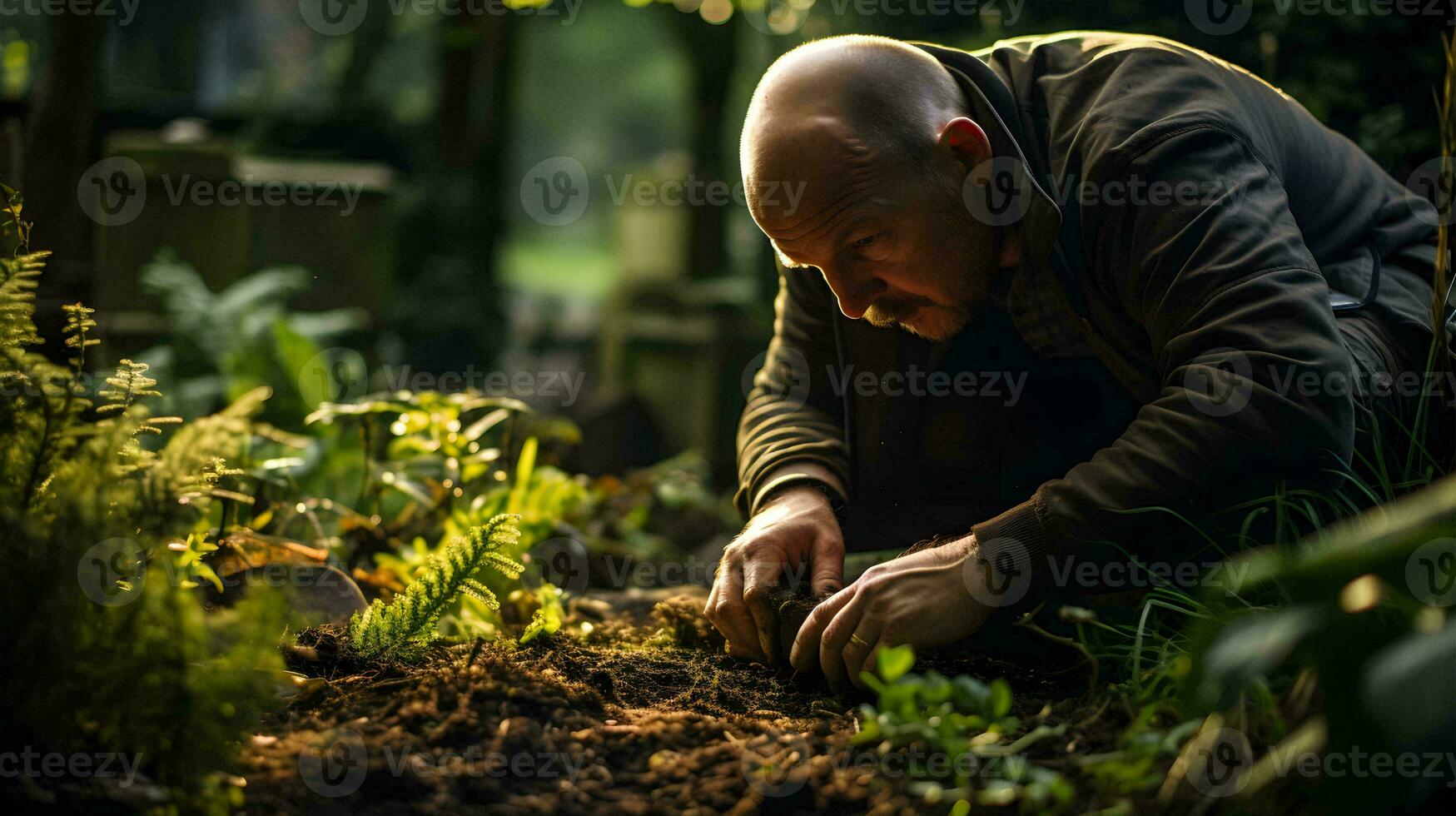 uma homem ajoelhado baixa dentro a jardim com dele mãos dentro a sujeira ai generativo foto