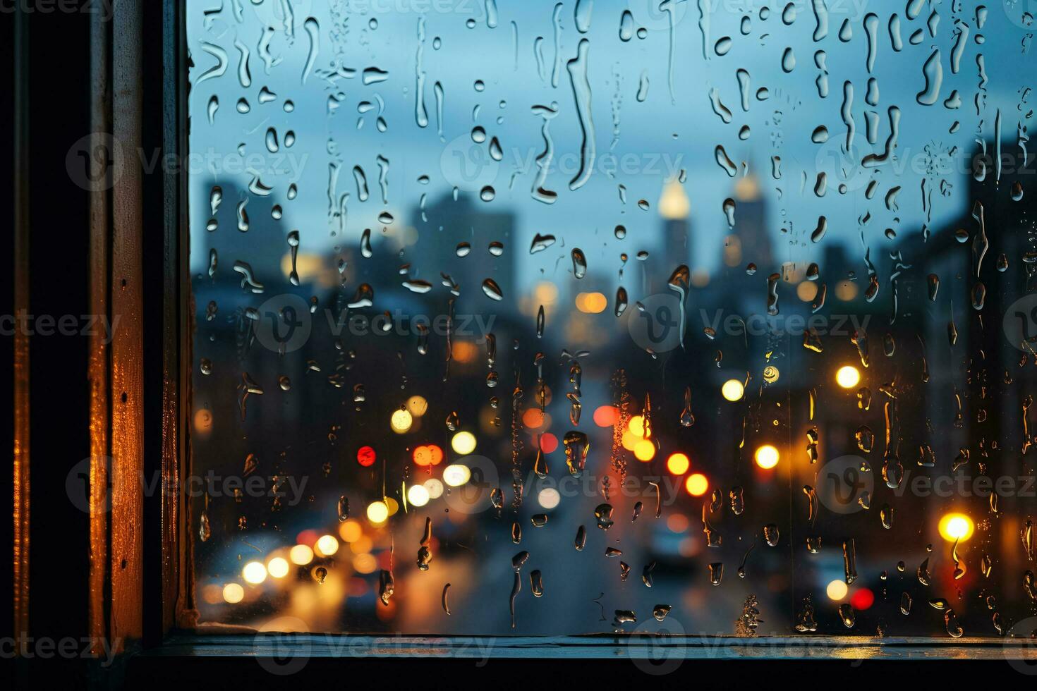 crepúsculo paisagem urbana vislumbrado através chuva salpicado janela uma fechar acima estude dentro tranquilidade foto