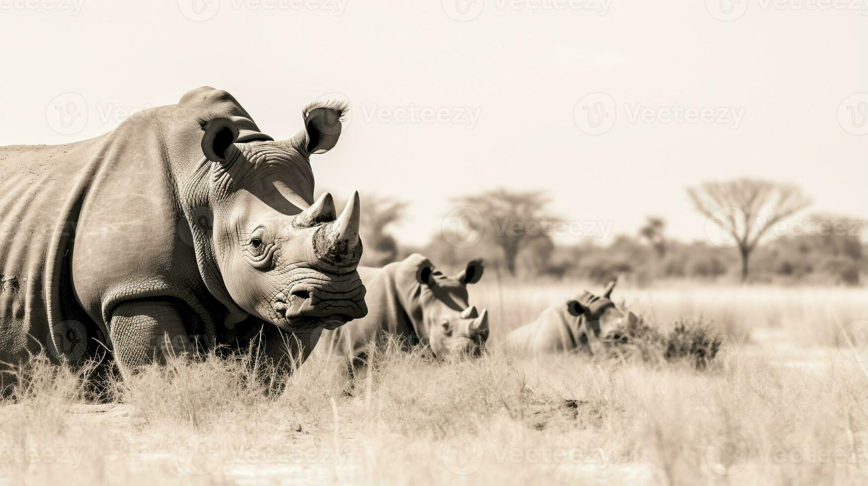 foto do uma rebanho do rinoceronte em repouso dentro a aberto área em a savana. generativo ai