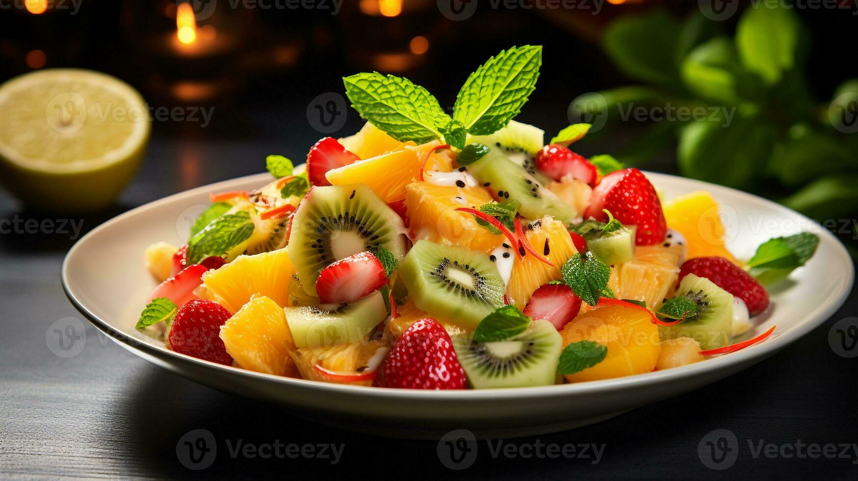 foto do tropical fruta salada com hortelã-limão vestir Como uma prato dentro uma sofisticado restaurante. generativo ai