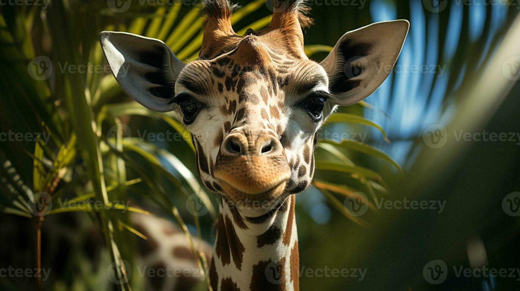 fechar-se foto do uma girafa olhando qualquer direção em selva. generativo ai