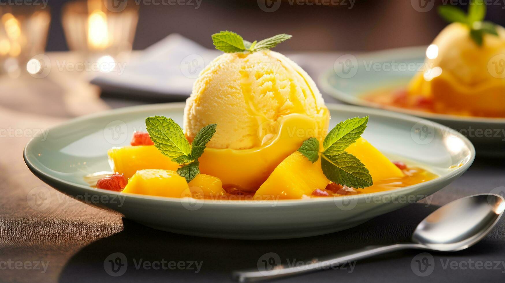 foto do manga sorvete Como uma prato dentro uma sofisticado restaurante. generativo ai