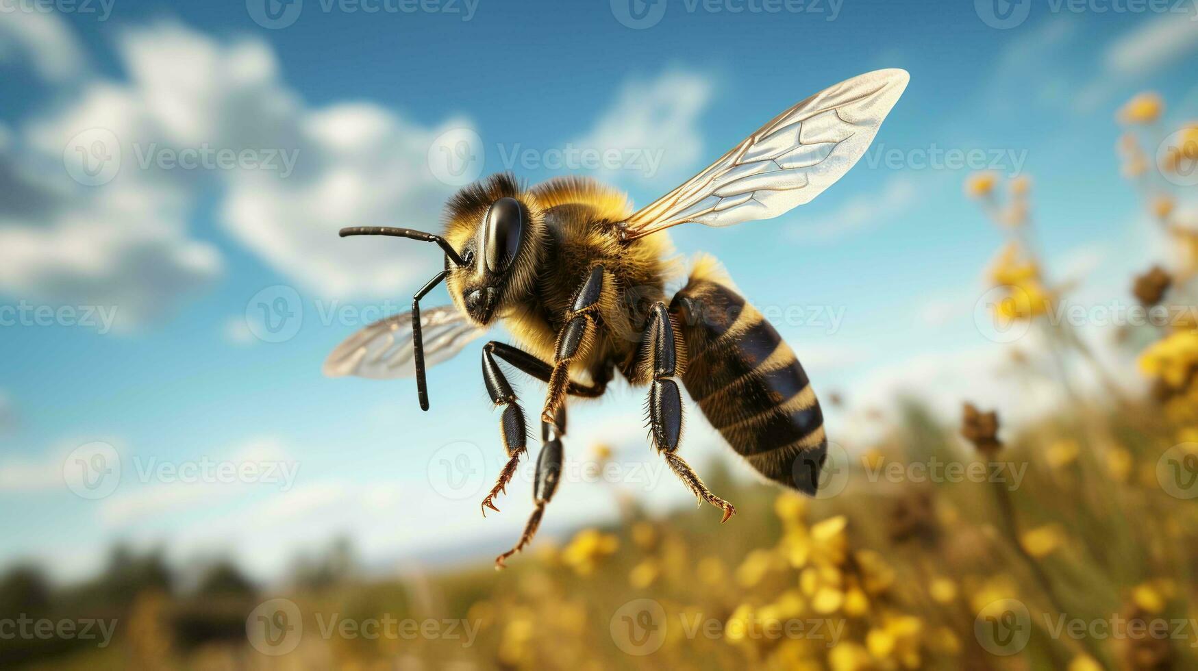 fechar acima do uma vibrante abelha colecionar néctar. naturezas diligente trabalhador foto