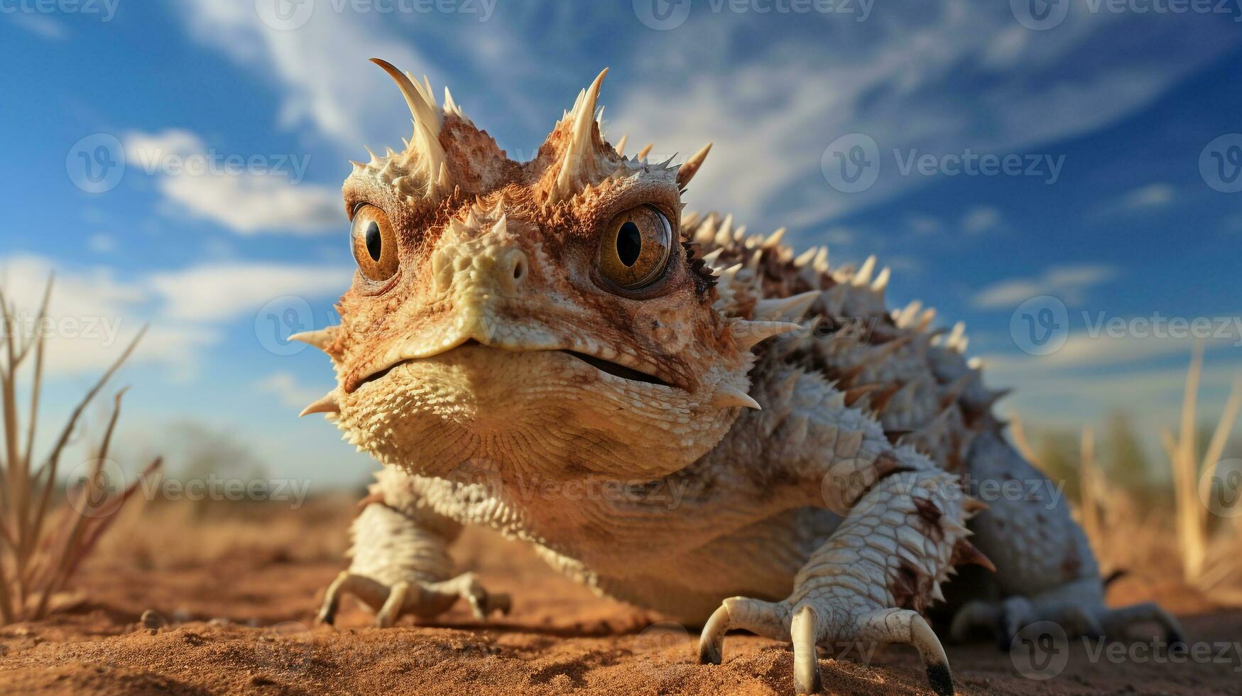 foto do uma chifrudo sapo debaixo azul céu. generativo ai