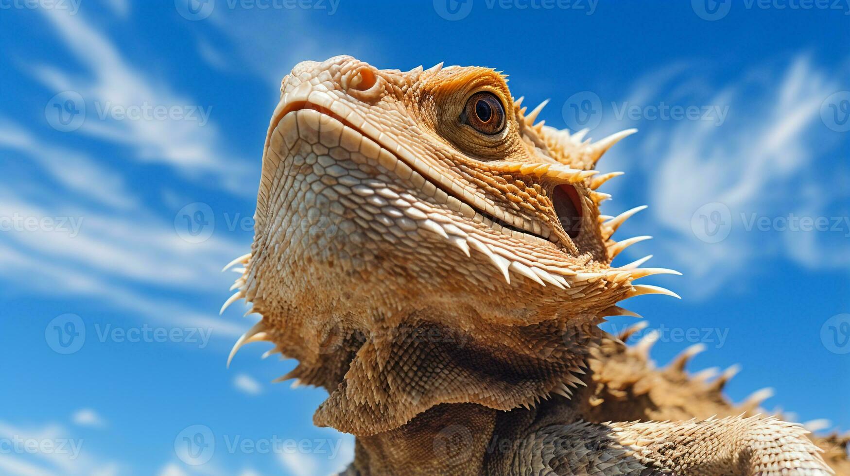 foto do uma barbudo Dragão debaixo azul céu. generativo ai