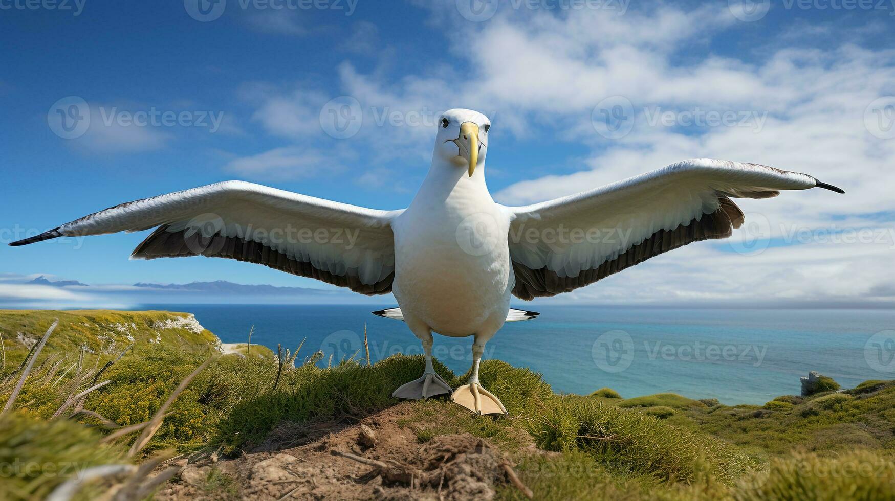 foto do uma albatroz debaixo azul céu. generativo ai