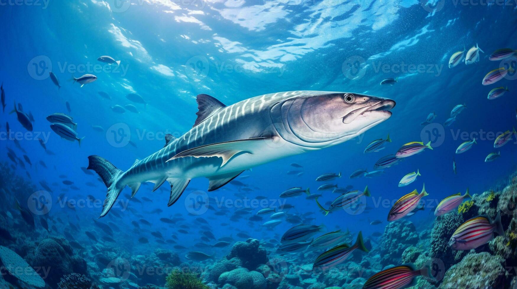 foto do barracuda com vários peixe entre saudável coral recifes dentro a azul oceano. generativo ai