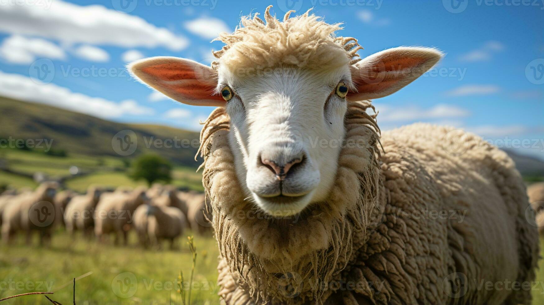 fechar-se foto do uma ovelha olhando qualquer direção. generativo ai