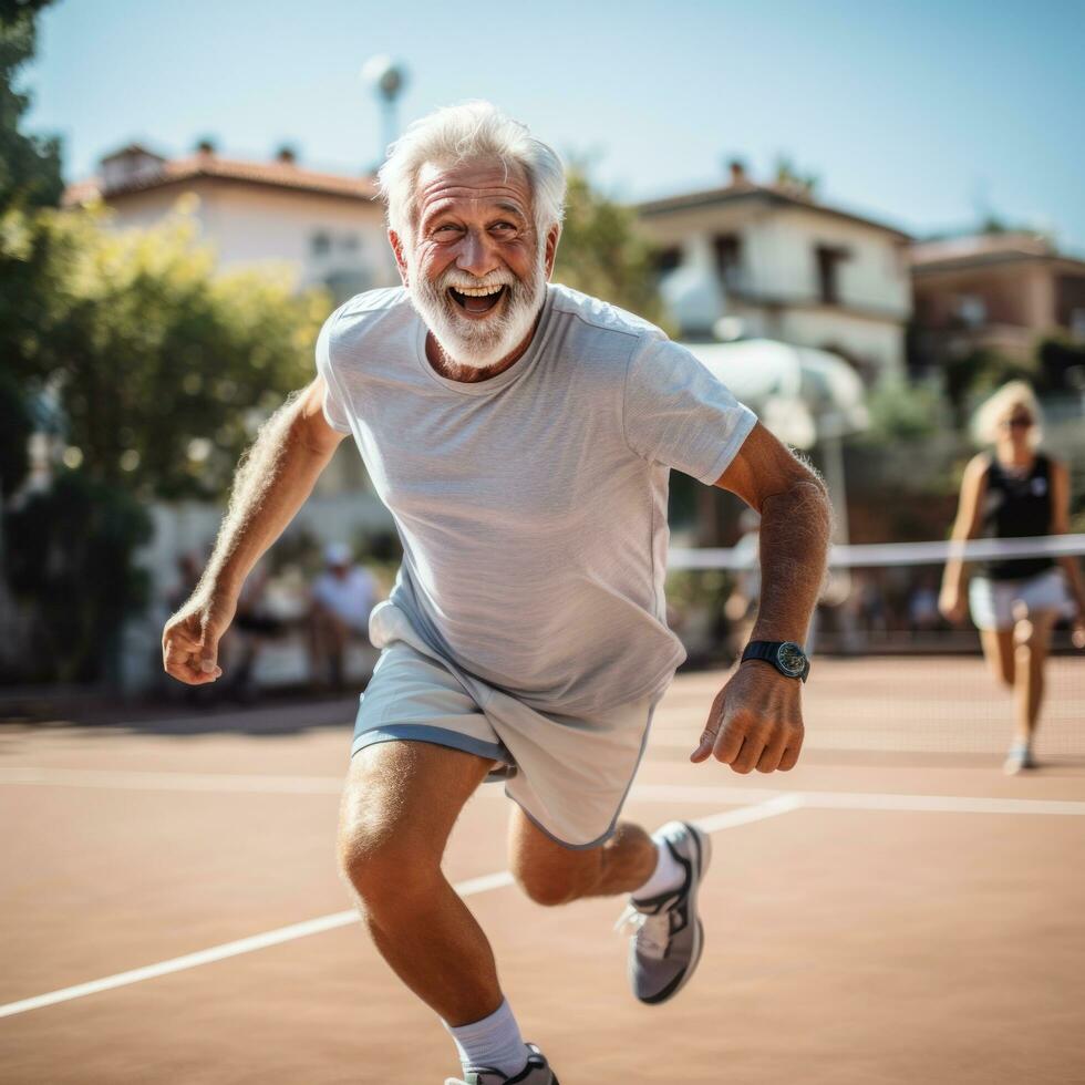 velho homem jogando tênis, raquete, bola, tribunal, enérgico posição foto