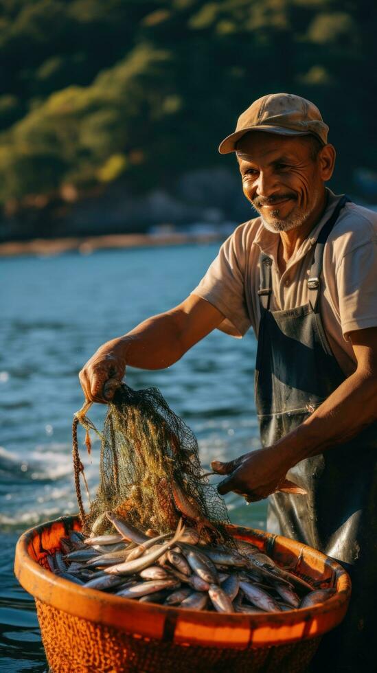 sustentável pescaria. uma pescador detém uma internet com fresco foto