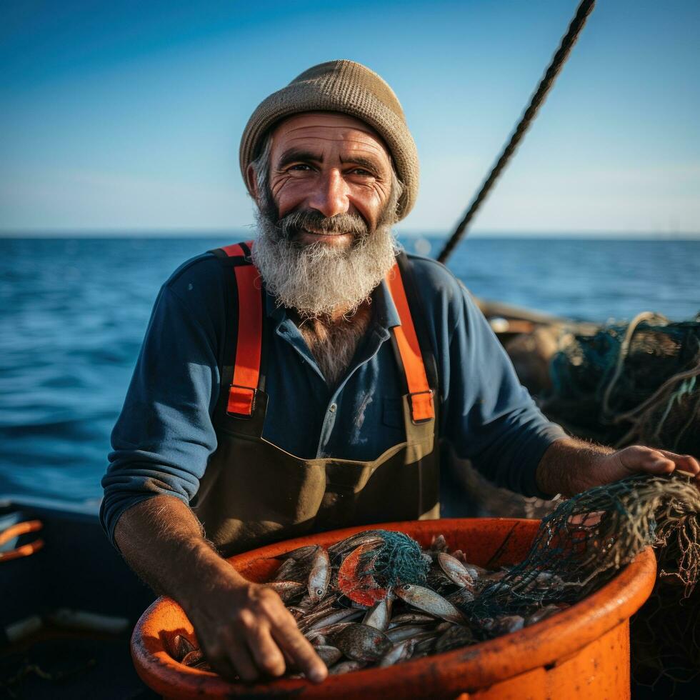 sustentável pescaria. uma pescador detém uma internet com fresco foto