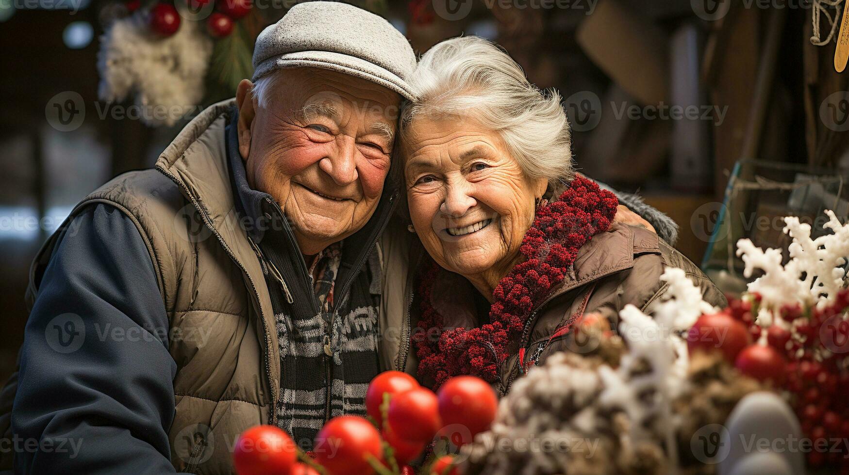 afetuoso Senior casal ao ar livre retrato vestindo caloroso Natal feriado traje. generativo ai. foto