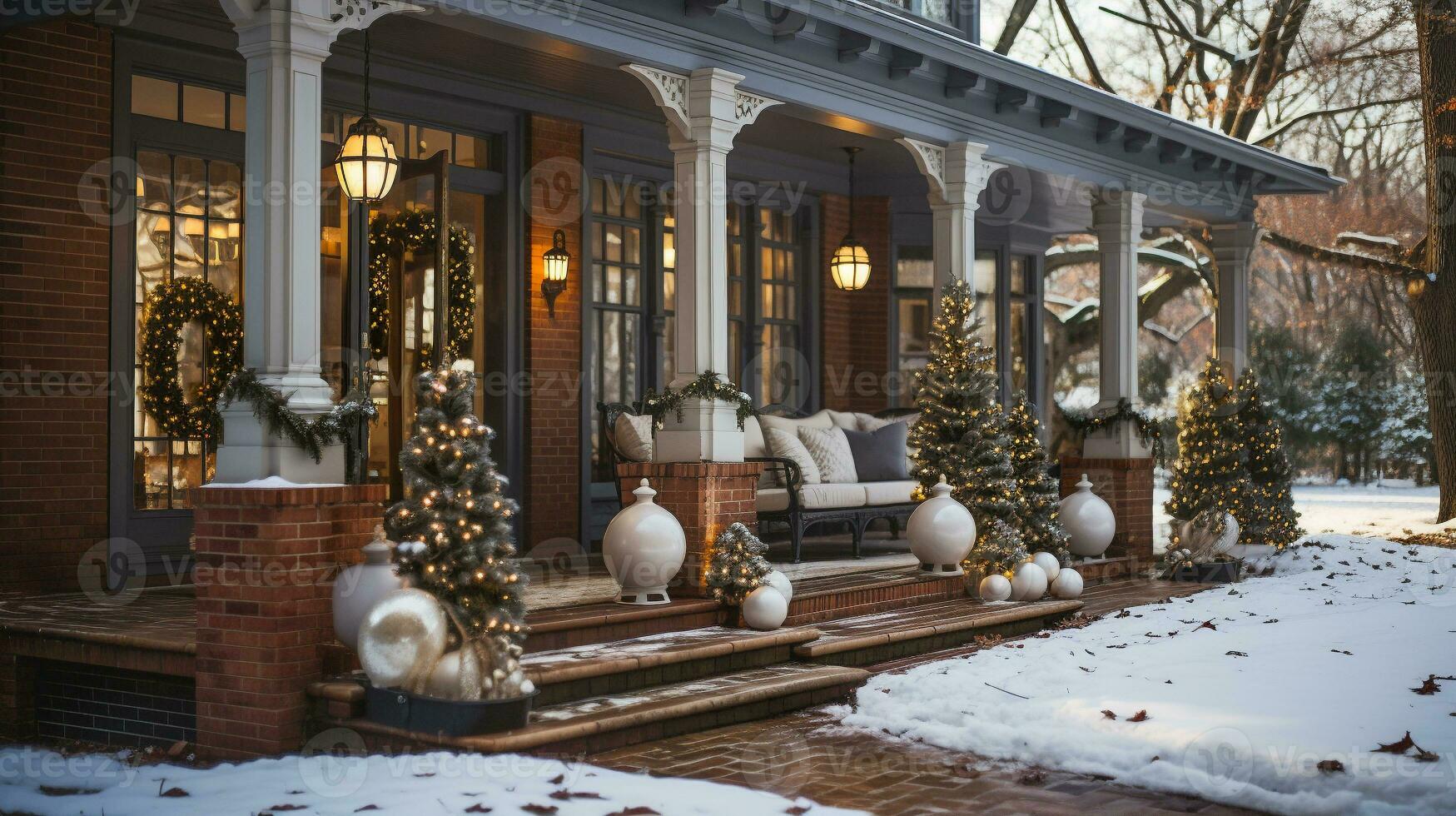 lindo Natal decorado frente porta e varanda do uma casa em uma inverno tarde. generativo ai. foto