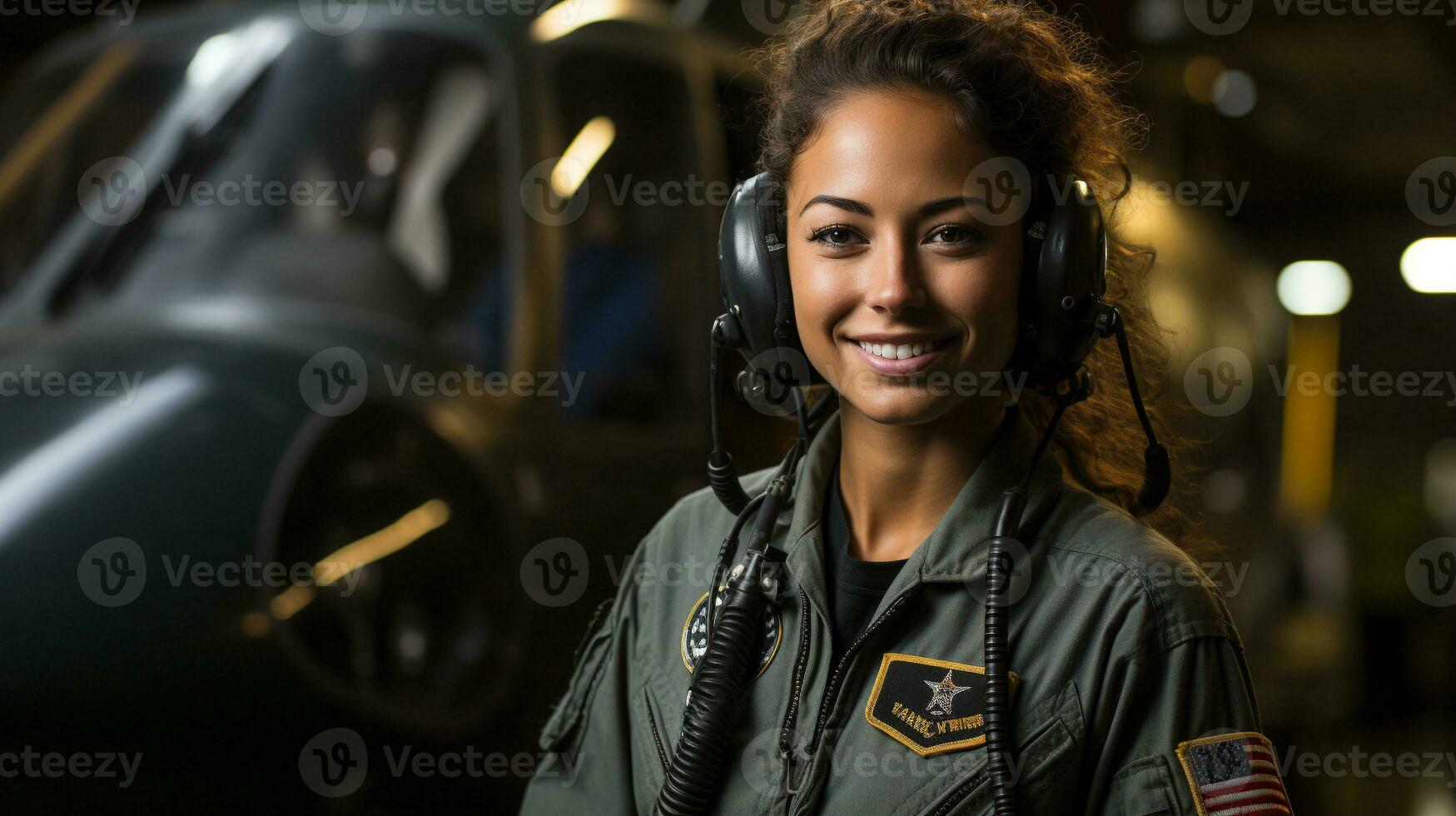 fêmea africano americano militares helicóptero piloto em pé perto dela aeronave - generativo ai. foto