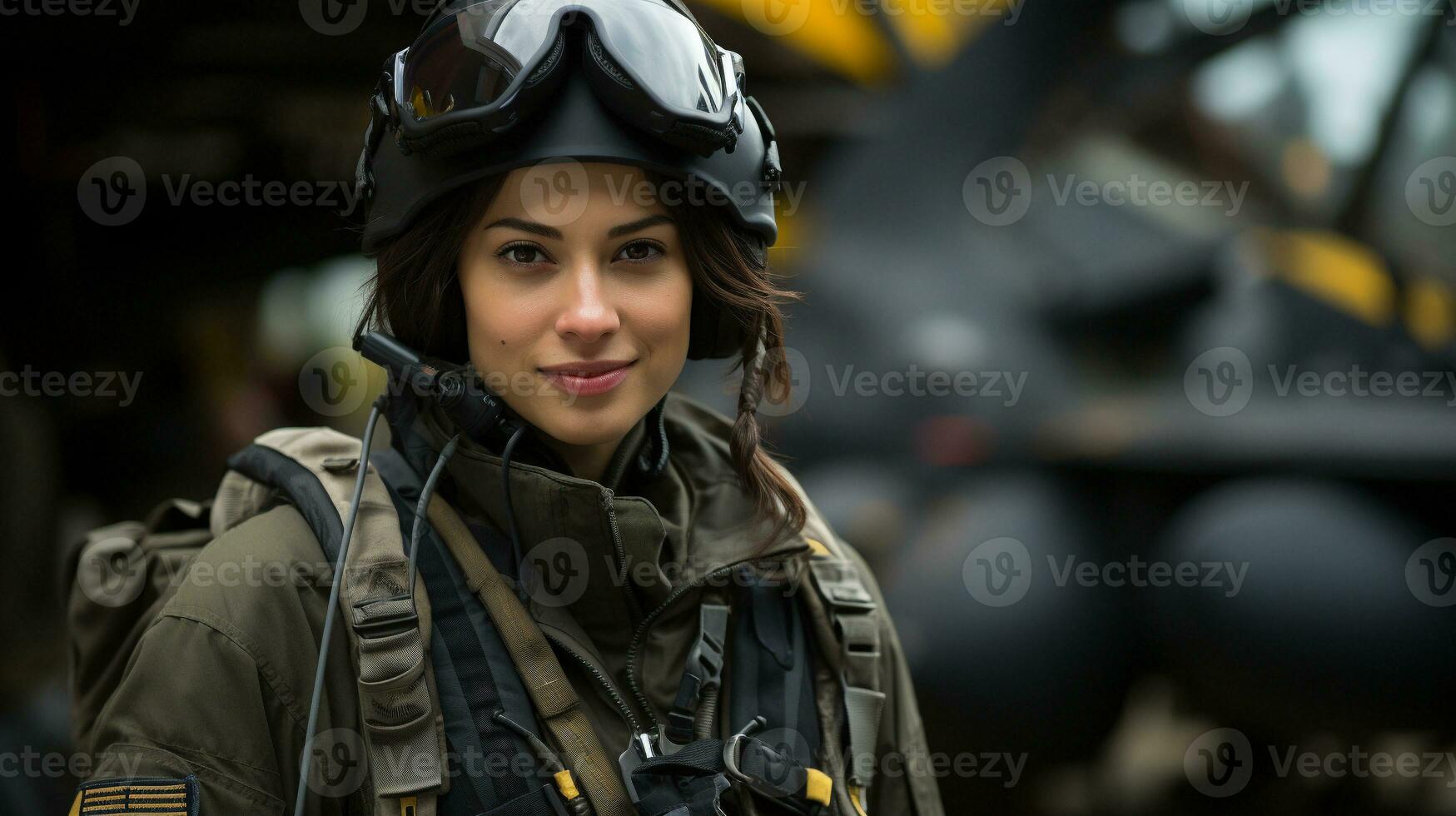 misturado raça fêmea lutador piloto soldado em pé lado de fora dela militares lutador jato - generativo ai. foto