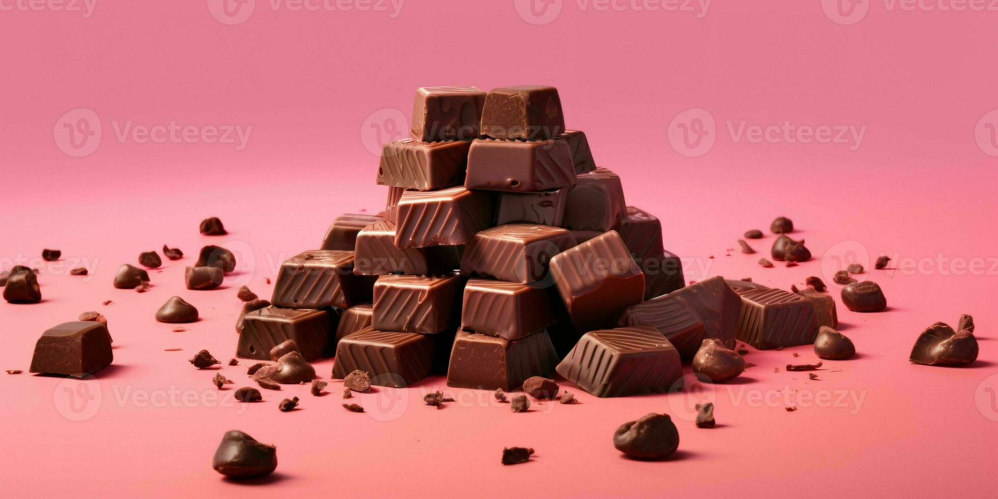 peças do chocolate isolado em Rosa fundo. delicioso chocolate bar. generativo ai foto