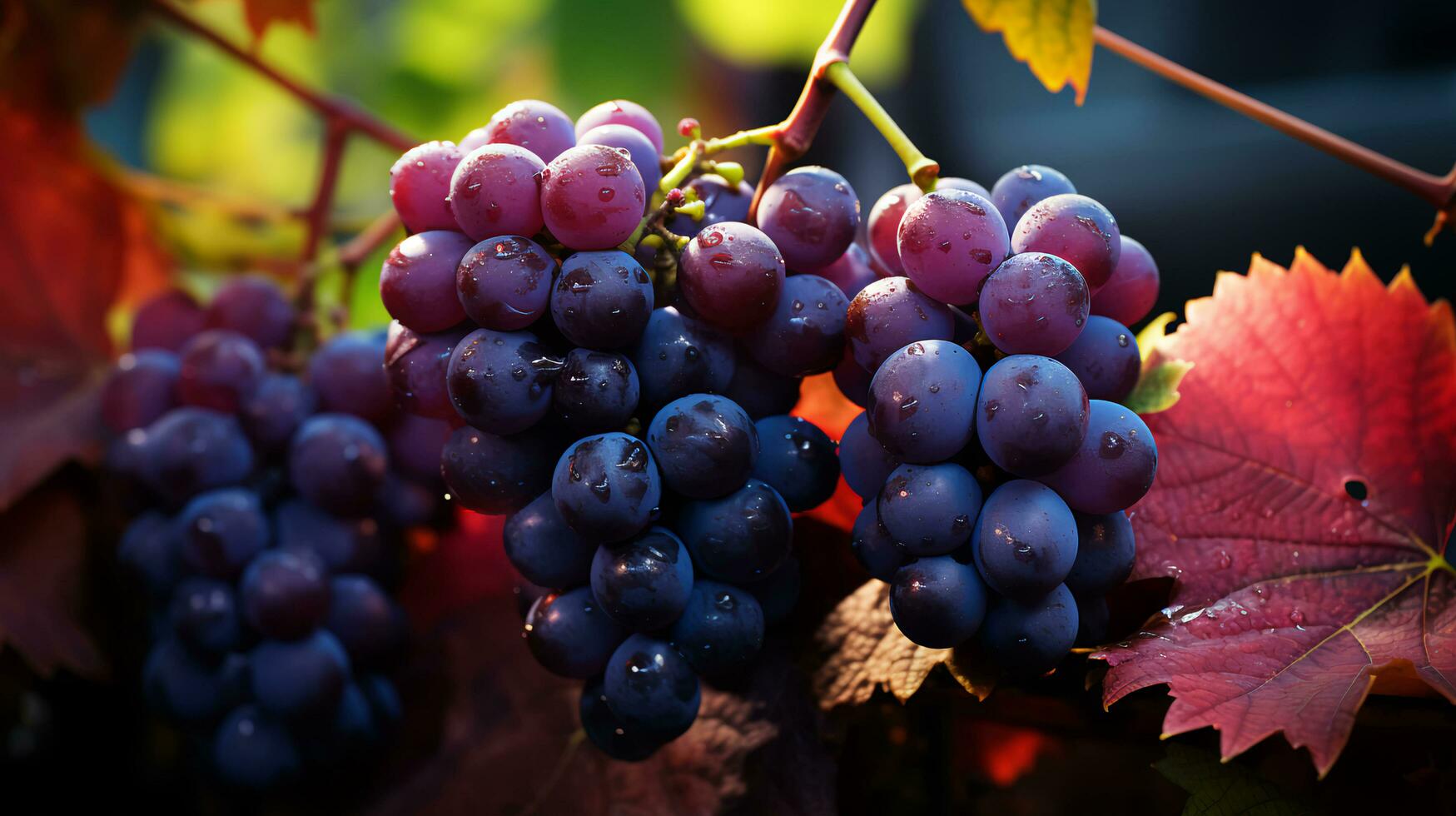 azul delicioso suculento maduro uvas suspensão em uma ramo foto