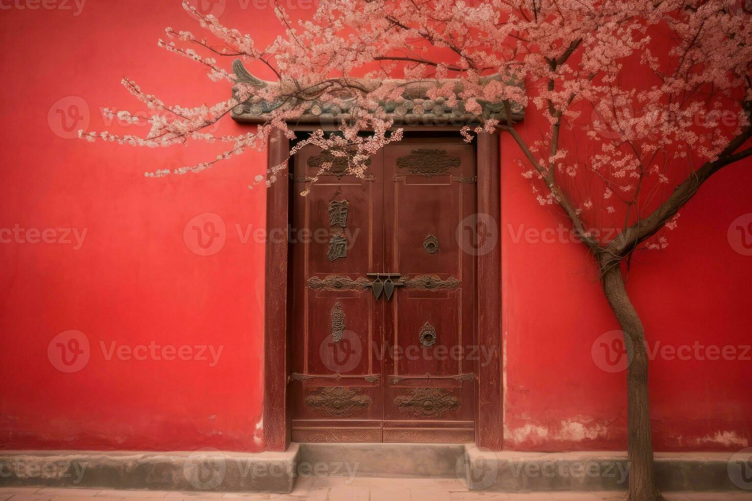 sakura vermelho parede porta lar. gerar ai foto