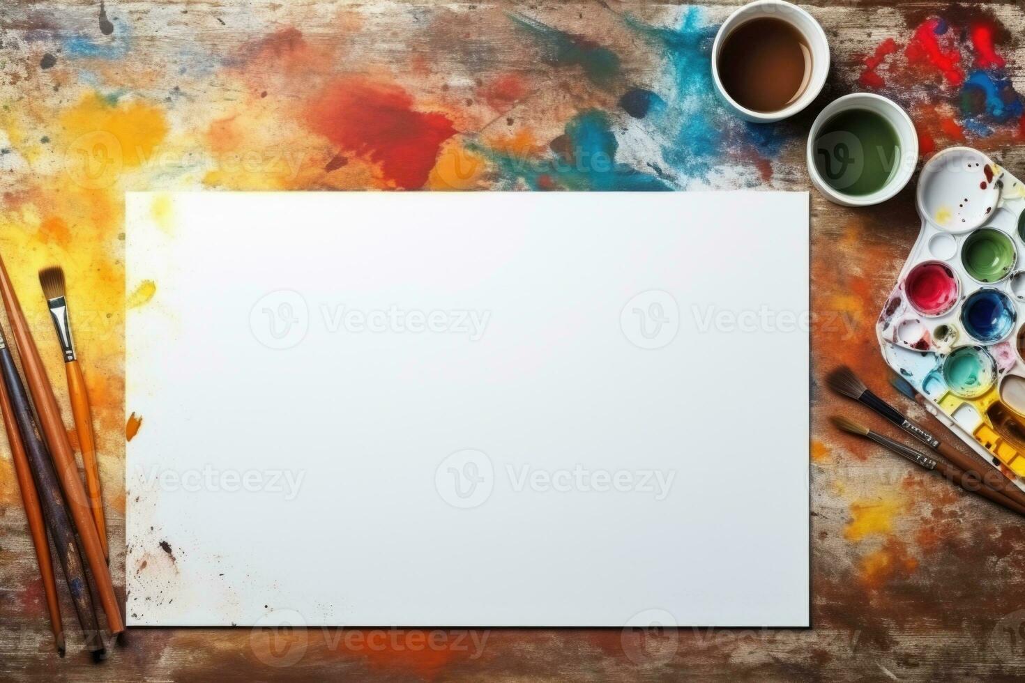 em branco Folha para desenhando com tintas e escovas em uma colorida fundo. arte foto