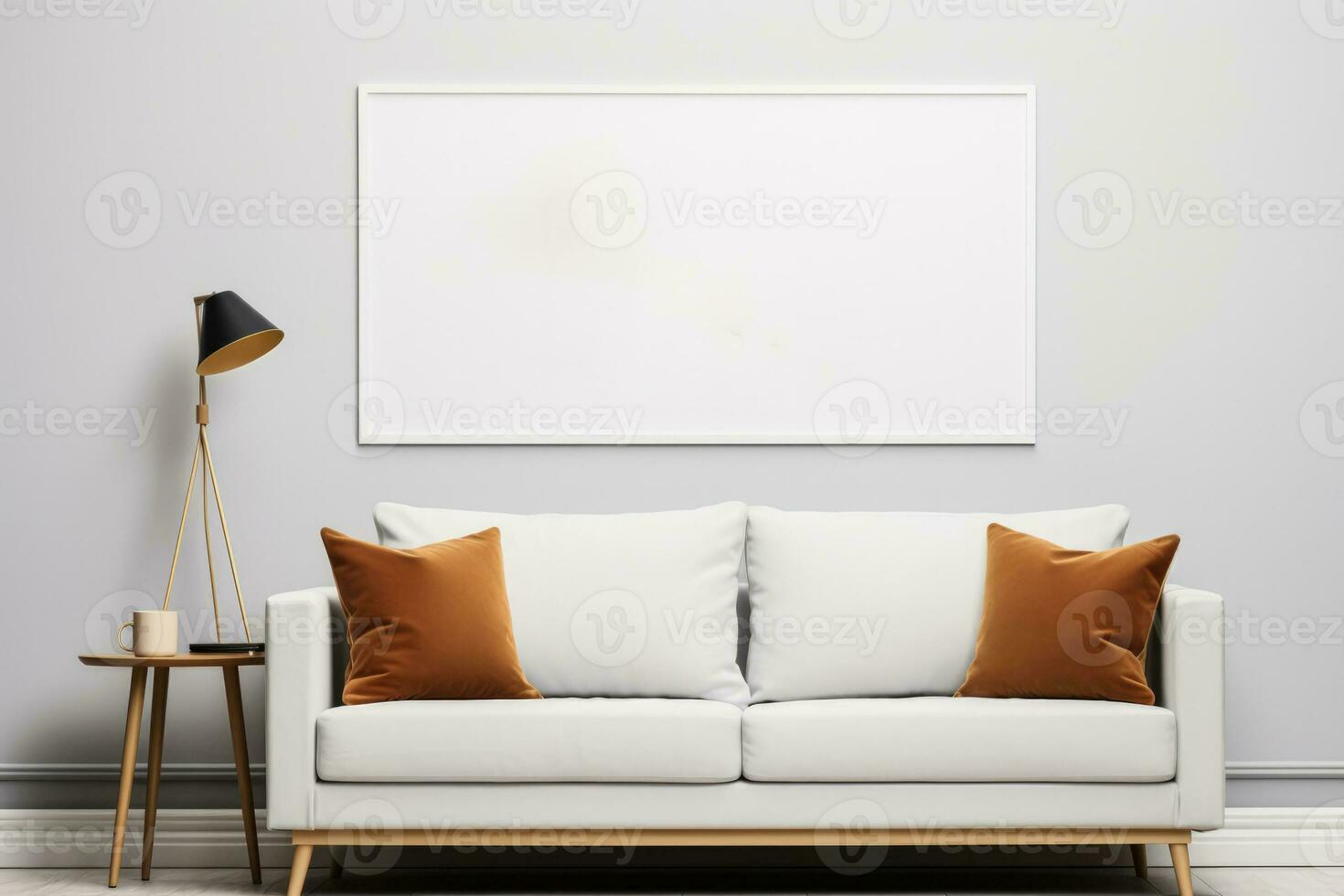 3d Renderização do uma brincar poster quadro, Armação em uma branco sofá dentro uma escandinavo vivo quarto foto