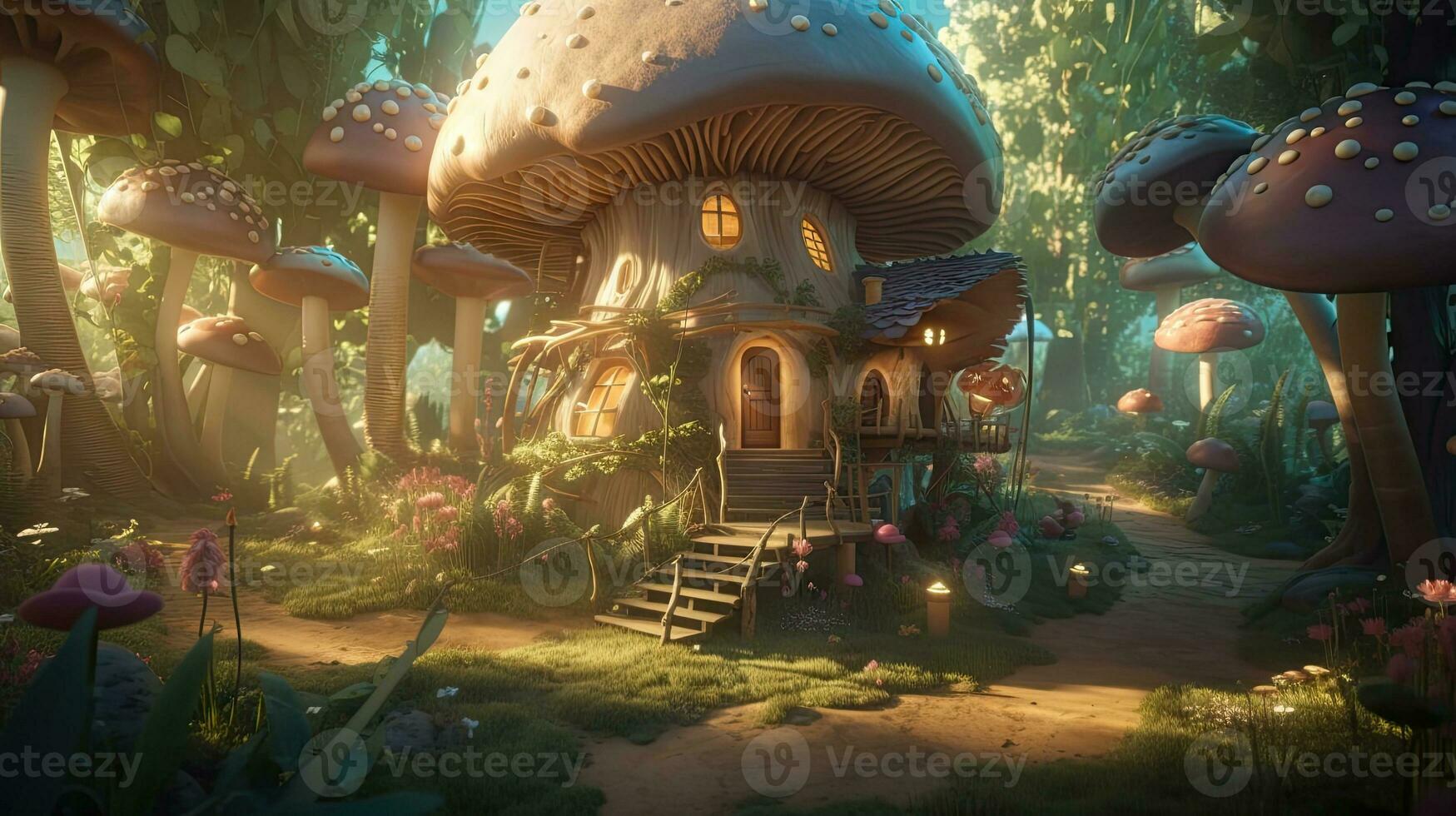 encantado chaleira casa dentro uma mágico floresta com Sol raios e cogumelo árvores foto