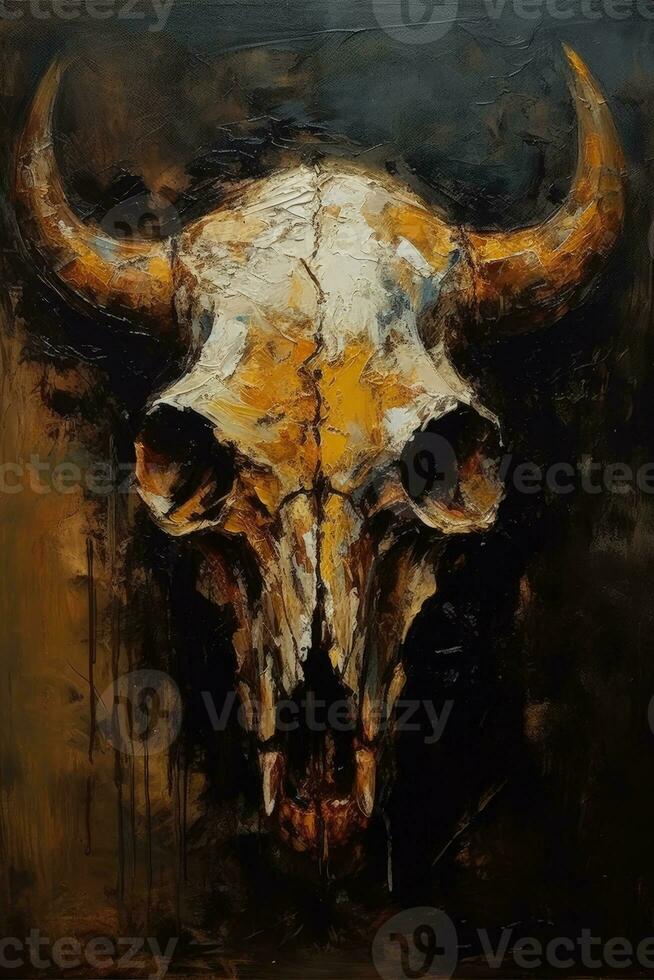 vintage touro crânio com faca dentro minimalista impressionismo óleo pintura técnica foto