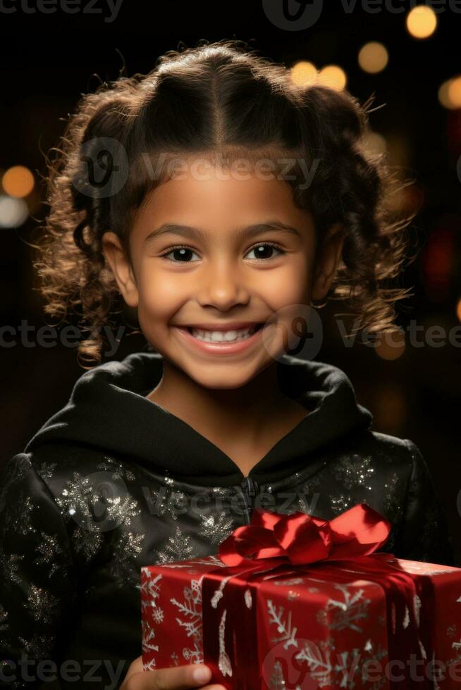 mulher sentado debaixo uma Natal árvore abertura presentes ai gerado foto