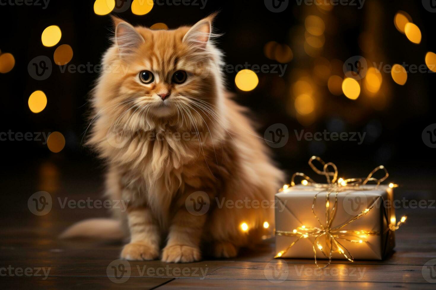 feliz gato com Natal chapéu debaixo uma Natal árvore ai gerado foto